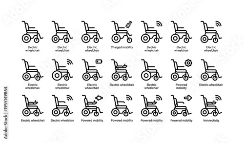 Set of electric wheelchair icons indicating various mobility features and connectivity