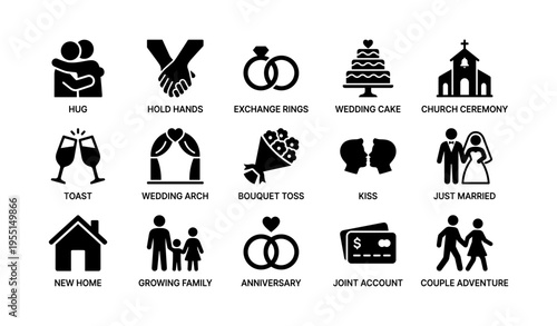 Wedding and relationship icons: ceremony, family, celebration, marriage symbols