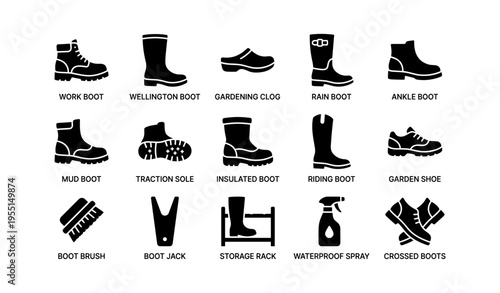 Types of boots and accessories collection in black icons