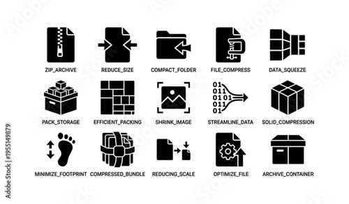 Data compression icons set including file compression and storage optimization