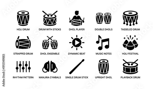 Variety of holi drums and musical instruments with icons for festival