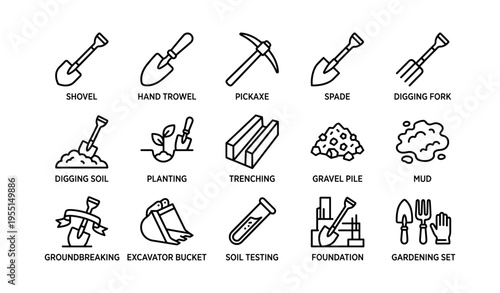 Garden tools collection: shovel, pickaxe, spade, hand trowel, excavator