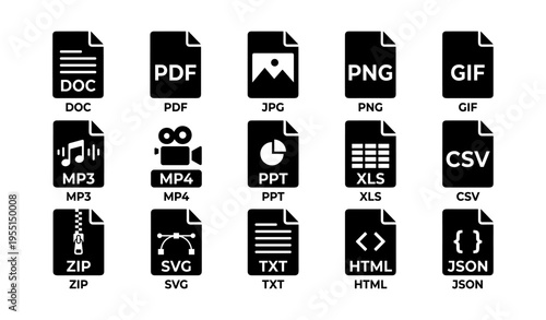 Collection of file type icons: doc, pdf, jpg, png, gif, mp3, mp4, ppt, xls, csv, zip, svg, txt, html, json