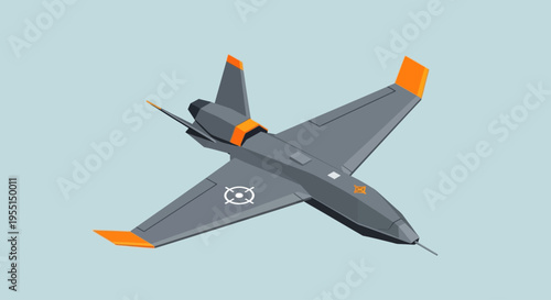A sleek, modern, gray drone with orange accents on its wings and tail, depicted in a 3D isometric view against a light blue background.