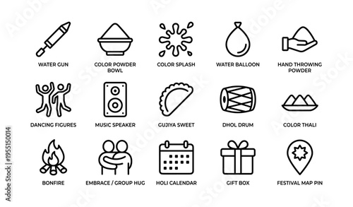 Holi festival icons: water gun, dhol drum, dance, and colorful celebration symbols