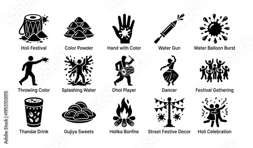 Holi festival icons depicting colorful celebrations and traditions