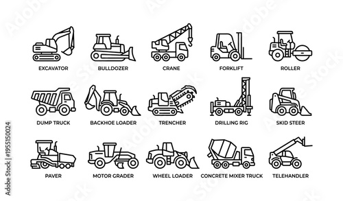 Construction vehicles: bulldozer, crane, excavator, forklift, roller icons