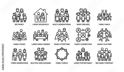 Family icons illustrating diverse activities and structures in large households