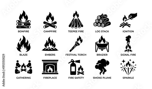 Campfire and fire safety icons collection: blaze, embers, gathering, ignition, safety