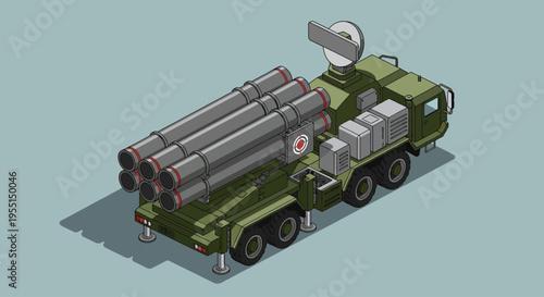 Isometric illustration of a military rocket launcher vehicle with multiple tubes and a radar dish on top, rendered in a clean, stylized aesthetic.