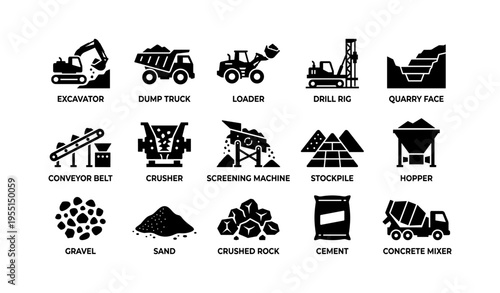 Construction and quarry equipment silhouettes including excavator and conveyor belt