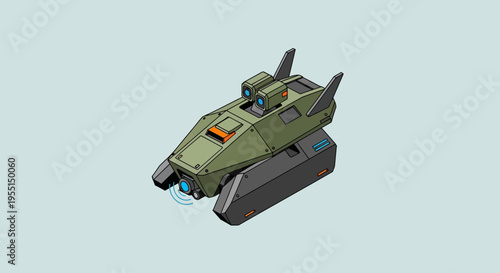 A futuristic green and gray robotic vehicle with advanced sensors and a sleek, angular design, presented against a plain light blue background.
