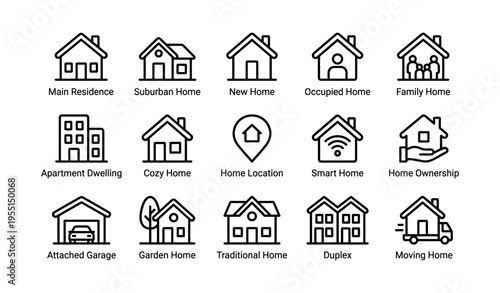 Variety of home icons: residences, apartments, smart homes, and more in simple line art