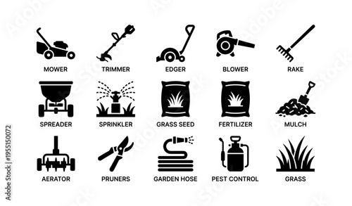 Garden tools and equipment icons: mower, trimmer, edger, blower, rake, sprinkler, pruners