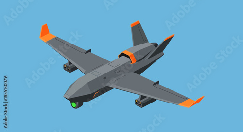 A 3D isometric illustration of a modern gray drone with orange accents, featuring a camera lens at the front.