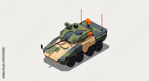 Isometric illustration of a modern wheeled armored combat vehicle with a turret and camouflage paint scheme.