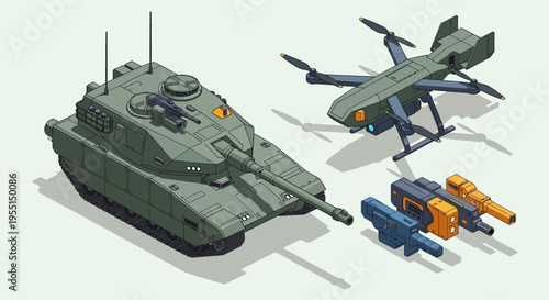 Isometric illustration of a modern military tank, a reconnaissance drone, and three missiles, showcasing advanced defense technology.