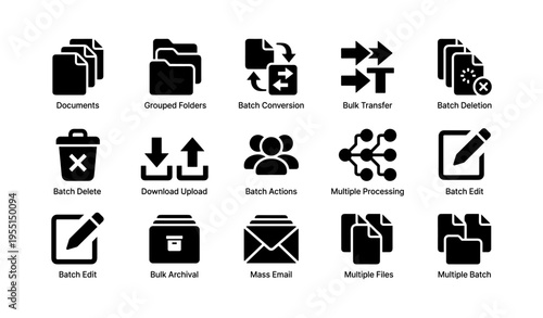 File management icons: batch conversion, bulk transfer, document grouping, batch actions