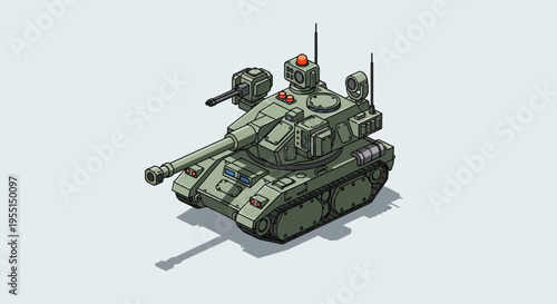 An isometric illustration of a futuristic green military tank with a prominent turret and various mounted weapons, set against a plain white background.