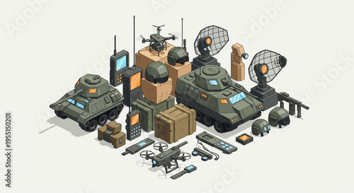 Isometric collection of military equipment including tanks, drones, communication devices, and radar systems, presented in a clean, stylized illustration.