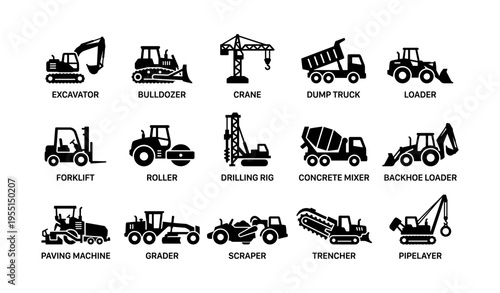 Set of 16 heavy construction equipment icons including excavator and crane
