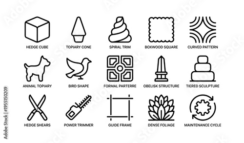 Garden topiary elements: cube, cone, spiral, patterns, tools, animals, shapes