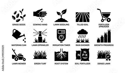Lawn care icons: tools, growth stages, and soil preparation