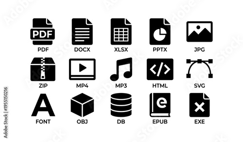 Collection of common file format icons including pdf, docx, xlsx, pptx, and more