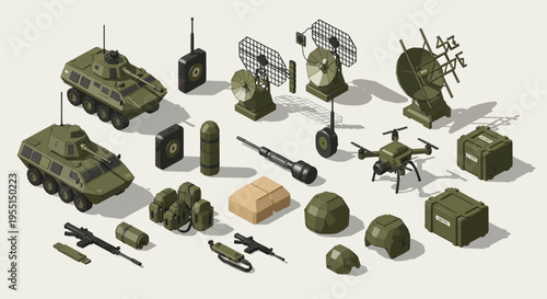 A comprehensive collection of military-themed isometric illustrations featuring vehicles, drones, weapons, communication equipment, and supplies.