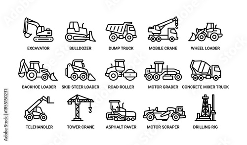 Construction machinery icons: excavator, bulldozer, crane, dump truck, loader