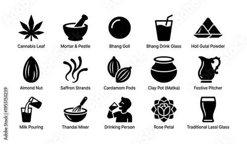 Indian cultural icons: holi, traditional drinks, festive serveware, and herbs