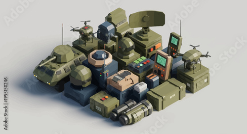 Collection of isometric military equipment, including tanks, drones, radar, and communication devices, rendered in a stylized, low-poly aesthetic.