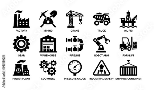 Industrial icons set: factory, mining, crane, truck, gear, power plant
