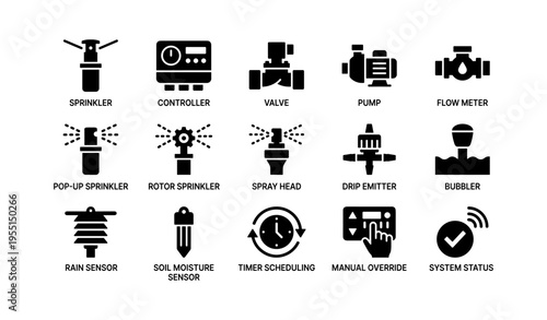 Irrigation system icons set: sprinkler controller valve pump meter sensor drip emitter