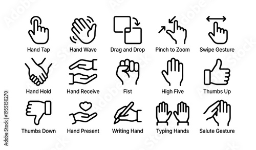 Hand gesture icons: tap, wave, drag, zoom, swipe, fist, high five, thumbs