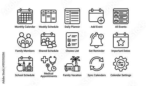 Calendar and scheduling icons for family and events management