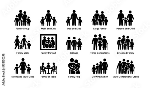 Family group icons depicting various family structures and relationships