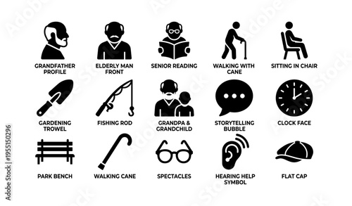 Icons of elderly activities and aids: gardening, reading, walking, fishing, storytelling, and more