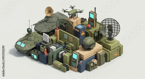 Isometric illustration of a military command center with tanks, drones, communication equipment, and surveillance technology.