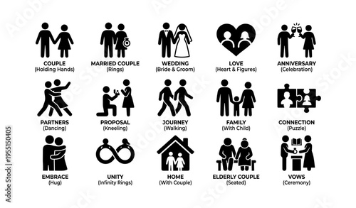 Symbols of relationships, family, and commitment in icon set