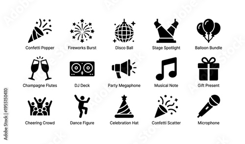 Party icons: confetti, disco, music, and celebration symbols set