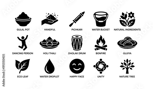 Symbols of indian festival celebrations with gulal pot, pichkari, and holi thali