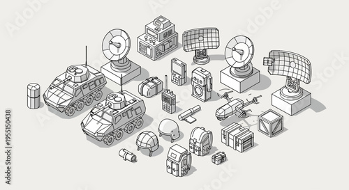 Isometric illustration of military equipment and technology, including vehicles, communication devices, and protective gear, presented in a clean, line-art style.