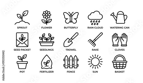 Gardening icons: sprout butterfly seedlings tools sun and basket