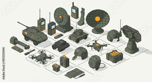 Isometric collection of military equipment and technology, including drones, tanks, communication devices, and radar systems, presented in a clean, organized layout.