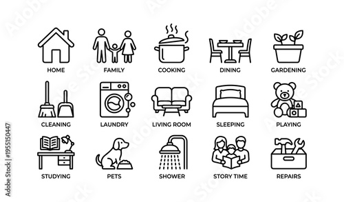 Simple line icons depicting home and family activities
