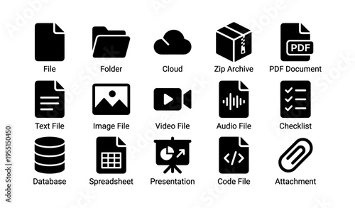Set of common file type icons including pdf, image, and video files
