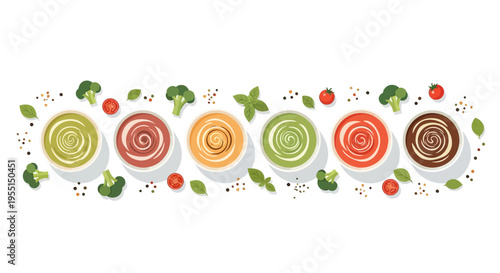Colorful soup bowls with vegetables and spices on white background