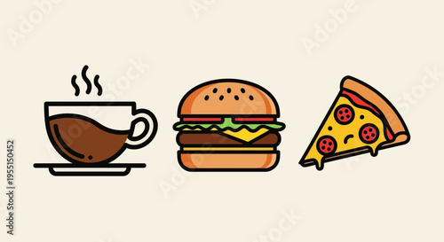 Flat icons of steaming coffee, juicy burger, and cheesy pizza on beige background