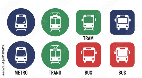 Public transportation icons: metro, tram, and bus in modern flat design